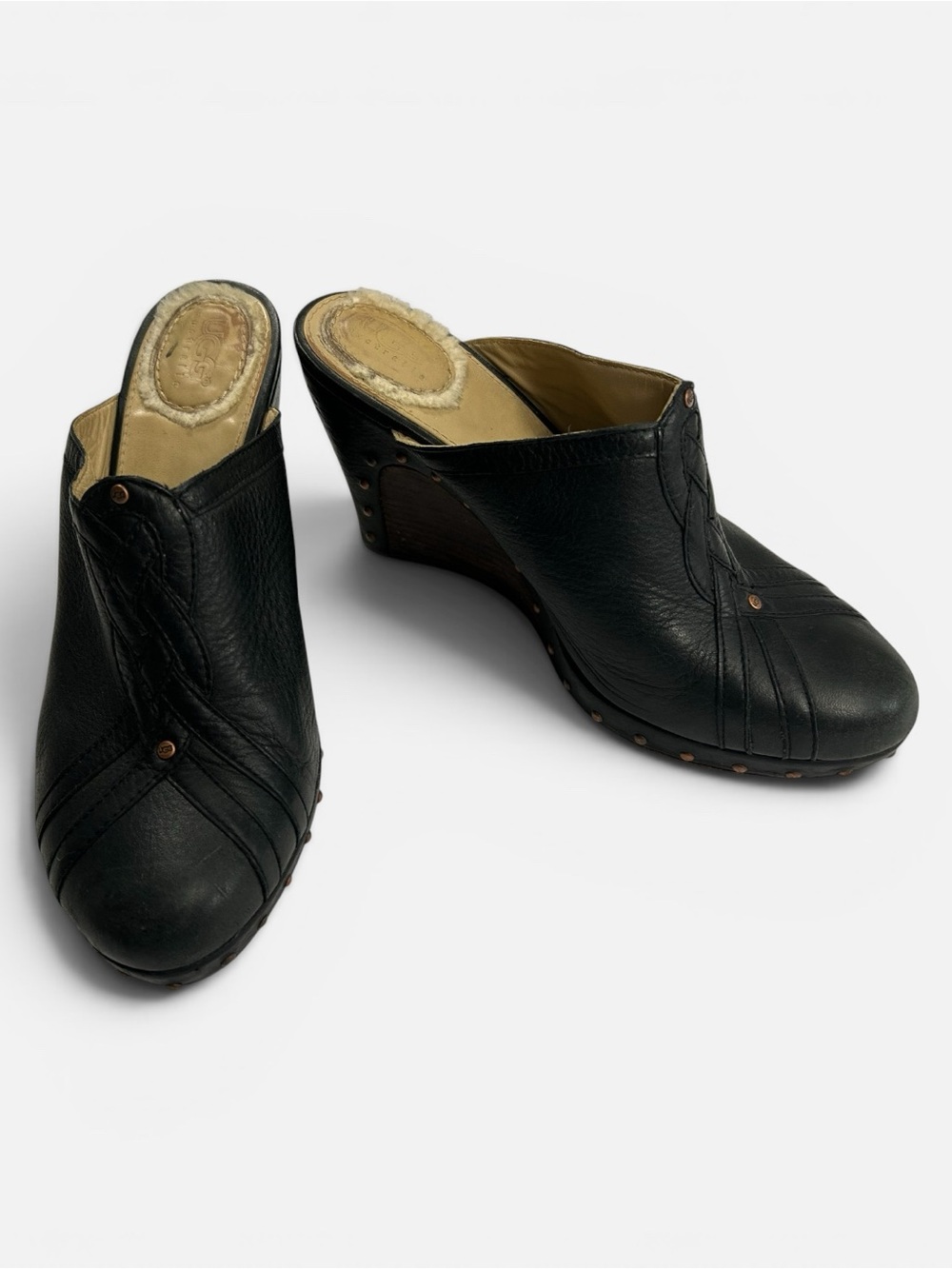 UGG Australia Abigail Black Leather Braid Studded Wedge Clog Mules sz 9